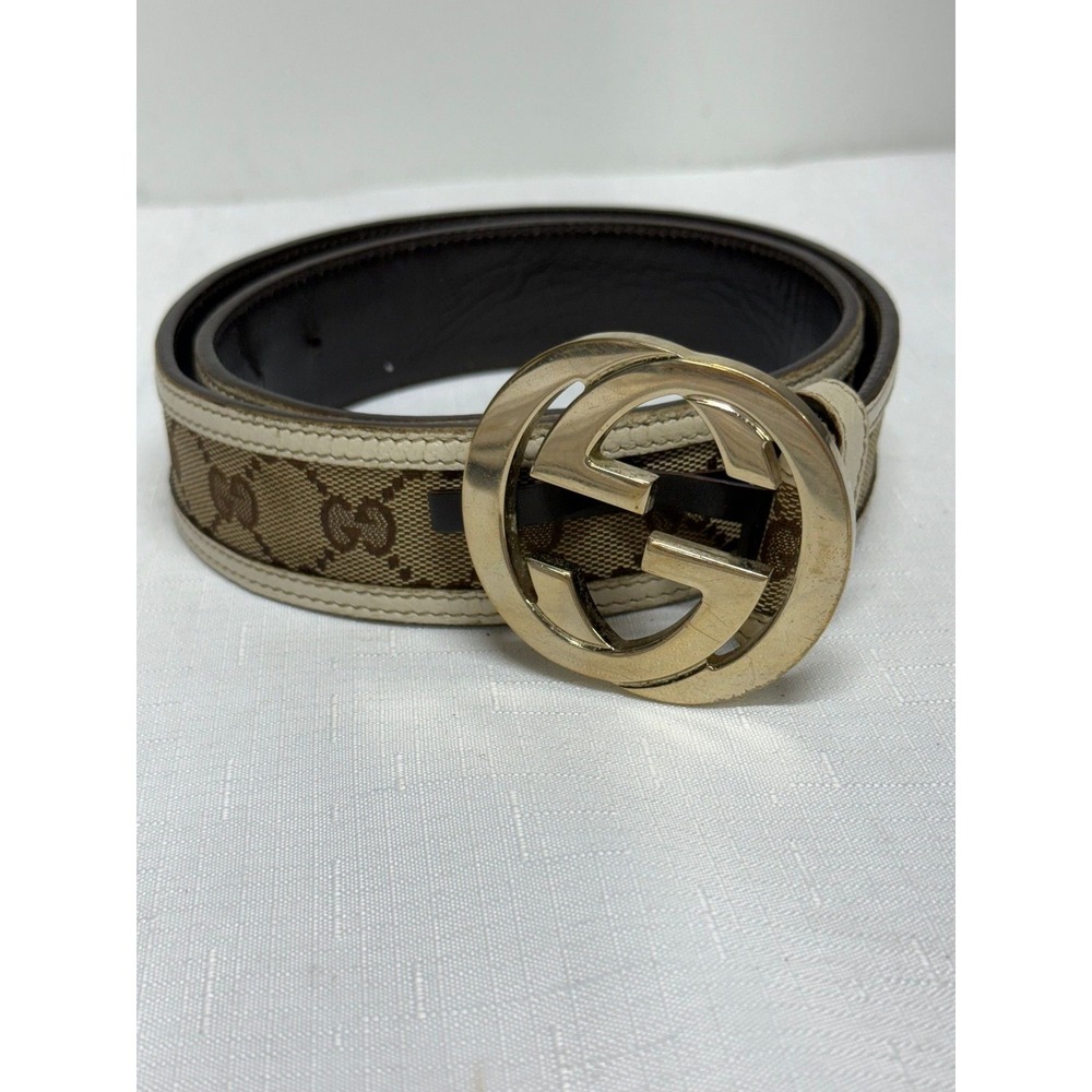 Gucci Interlocking G Belt GG Supreme Canvas White Leather 114876 80/32
